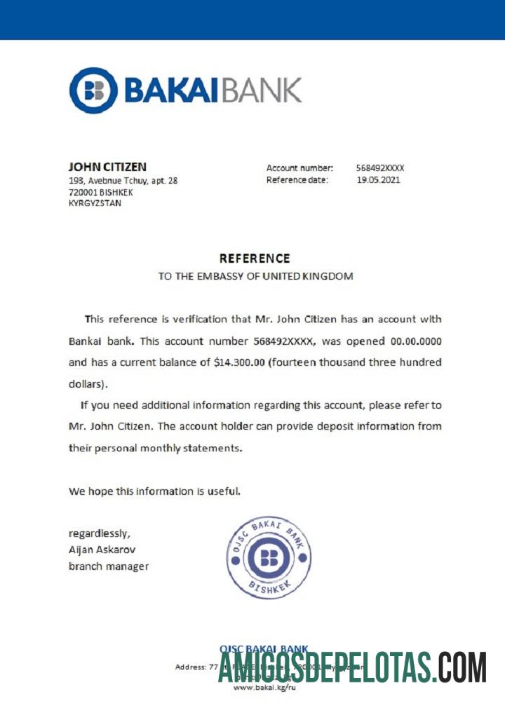 Referência do Quirguistão OJSC Bakai Bank amostra